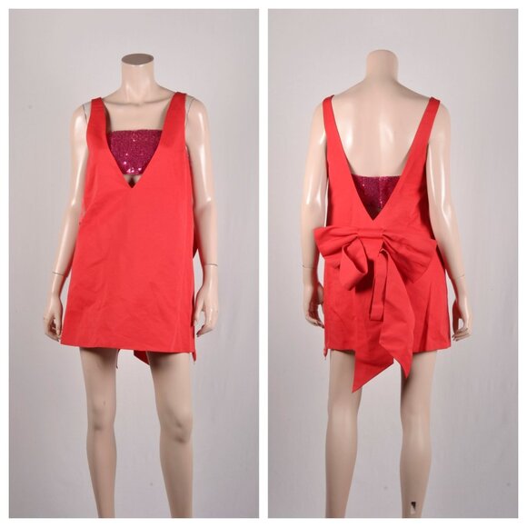 STAUD Irie V-Neck Bow Minidress Poinsettia Shocking Pink - Picture 3 of 4